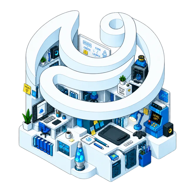 Illustration isométrique : atelier design et développement dans la forme du logo Oraxya